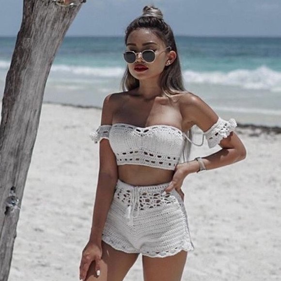 White Off Shoulder Hand Crochet Lace Up Summer Crop Top and Shorts Matching Set - Picture 16 of 16